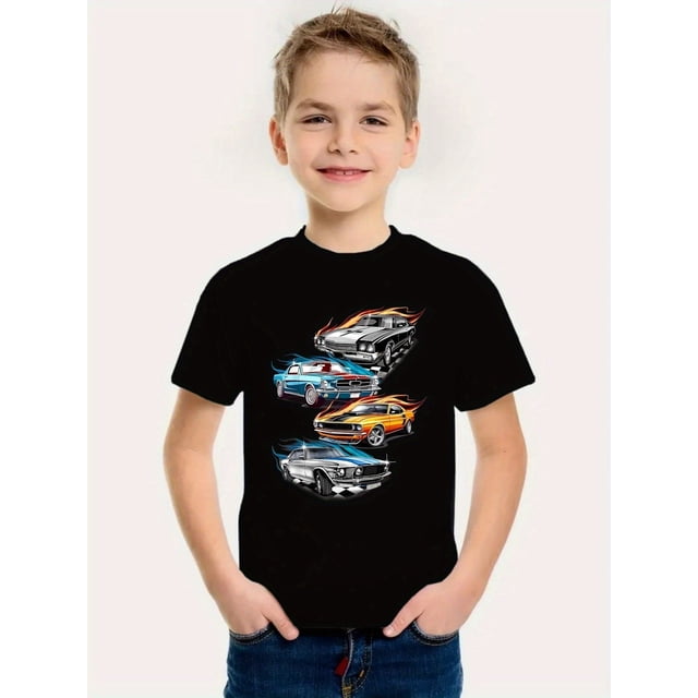 Boys' Racing Car Graphic Cotton T-Shirt - Casual Summer Tee with Vibrant Muscle Cars Design, Soft & Comfortable Fit for Youngsters, Tween Boy Clothes