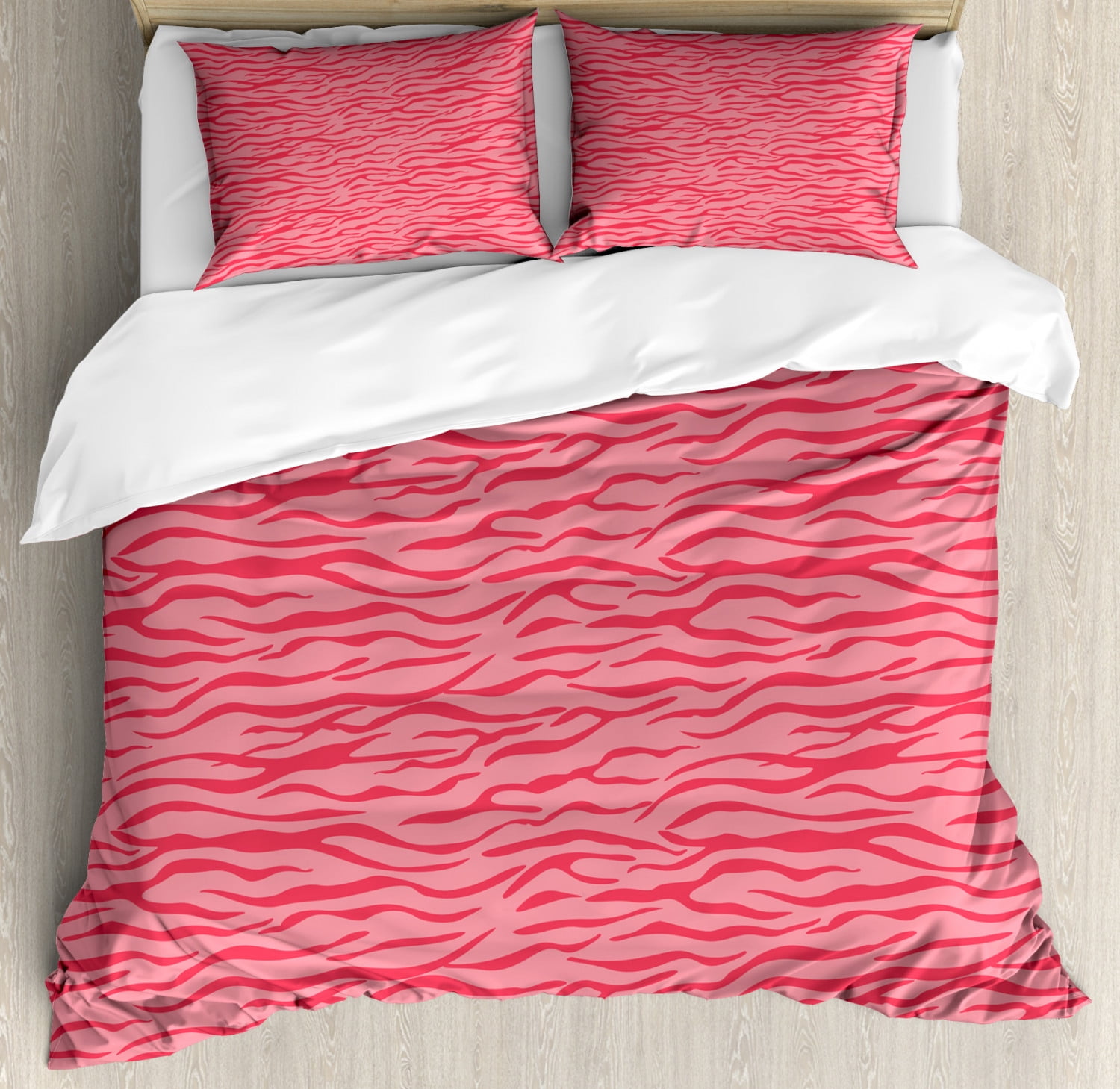 Pink Zebra Queen Size Duvet Cover Set, Wavy Zebra Stripes Camouflage