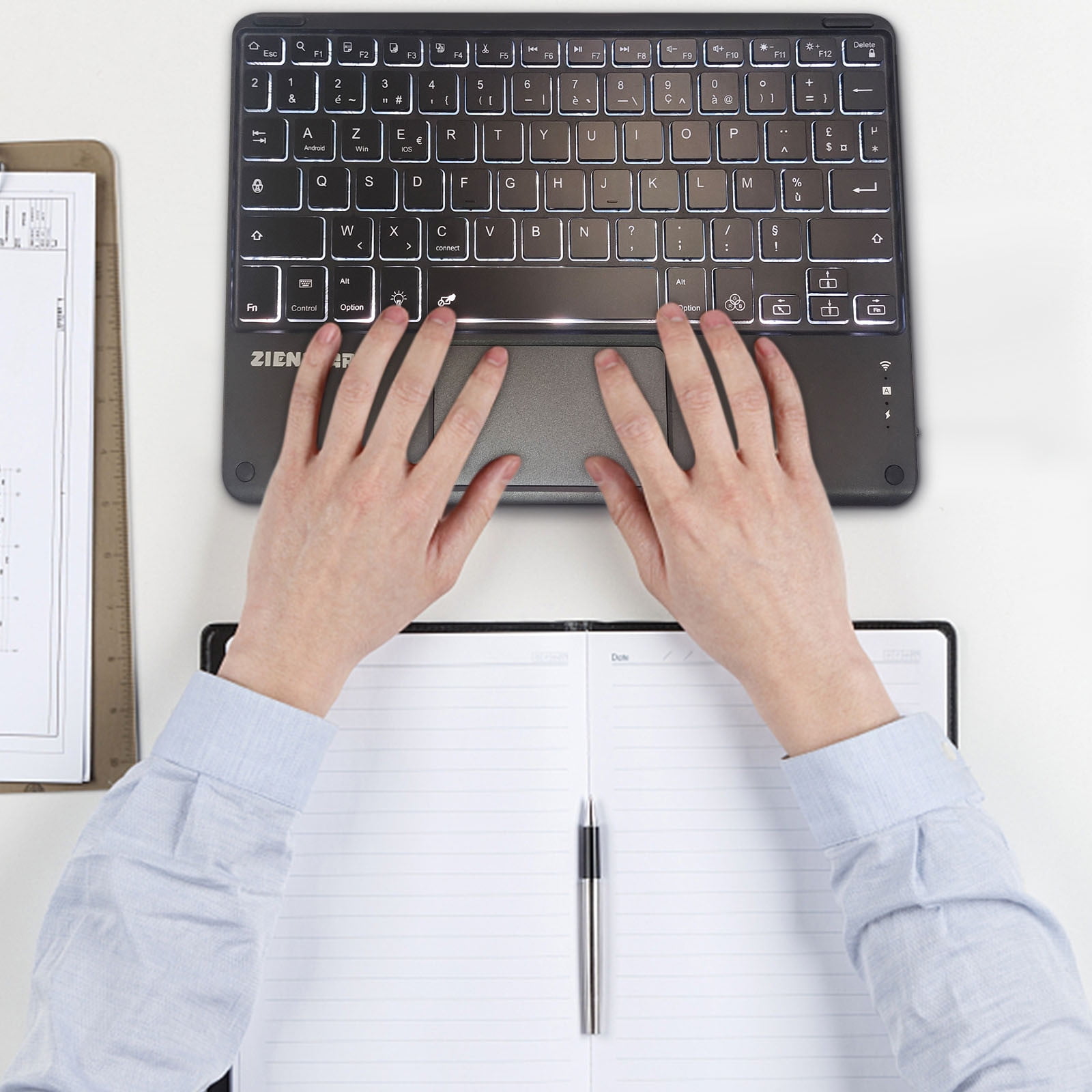 Universal Wireless Bluetooth Keyboard Multimedia French AZERTY Keyboard 6-LED Color Backlit With Multi-Touch Mechanical Keyboard, Compact Form Factor, Tactile Switch With Ergonomic Vertical feel