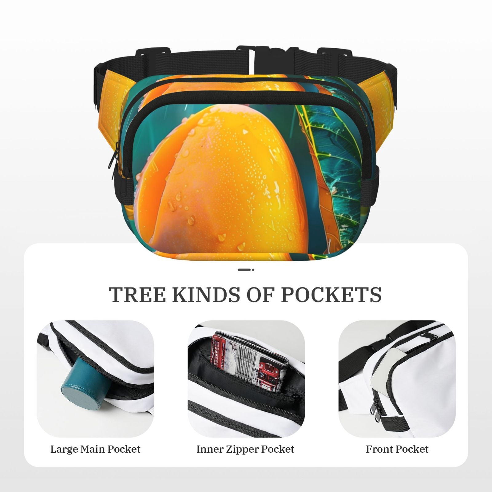 Picia Mango In The Rain Print Square Double-Layer Waist Bag Mini Adjustable Waist Belt Bag Exercise Running Travel Hiking