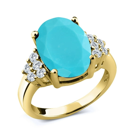 Gem Stone King 3.38 Ct Green Turquoise E-F Lab Grown Diamond 18K Yellow Gold Plated Silver Ring (Size 5)