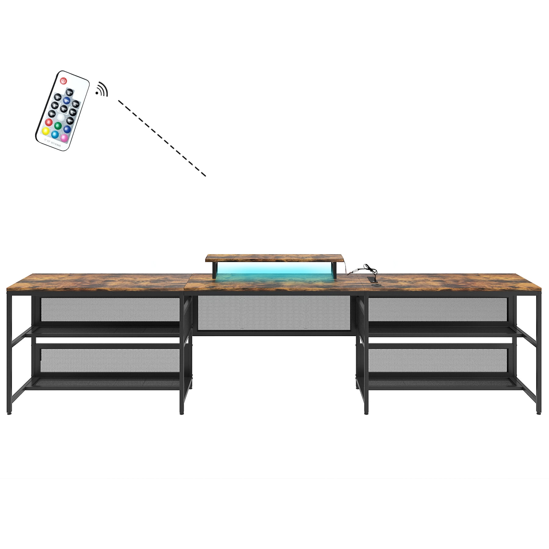 U-Shaped Computer Desk with LED Lights, 6-Color Lighting, 3 Spacious Desktops, Storage Shelves, E1 MDF Board, Gaming Office Desk for Home Study