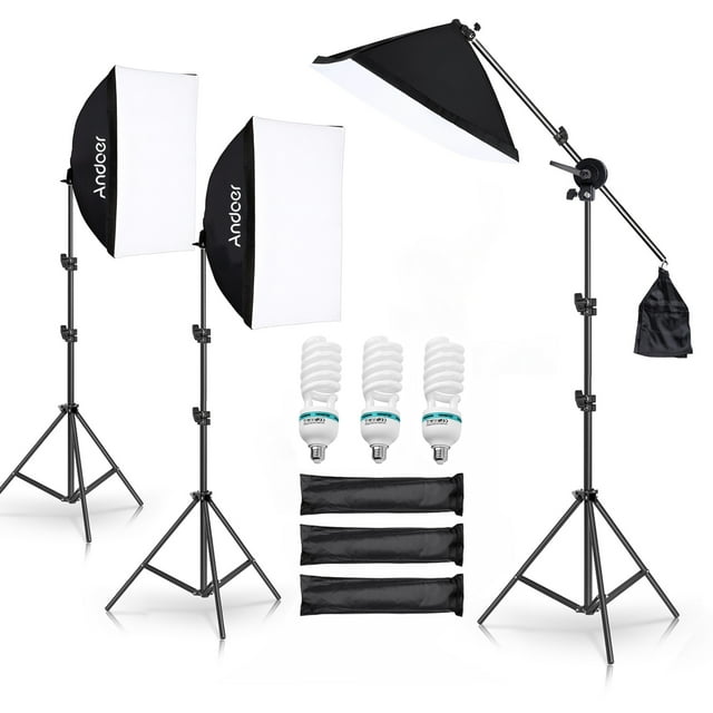 Andoer Studio Photography Light Kit Softbox Lighting Set with 135W LED Light Bulb * 3/ 50x70cm Softbox * 3/ 2M Light Stand * 3/ Boom Arm * 1 for Studio Portrait Product Photo Video Live Broa