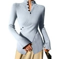 thumbnail image 3 of Women'S Knit Basic Sweater Elegant Stand Collar Button Slim Fit - Slit Long Sleeve Pullover Tops Light Blue L, 3 of 7