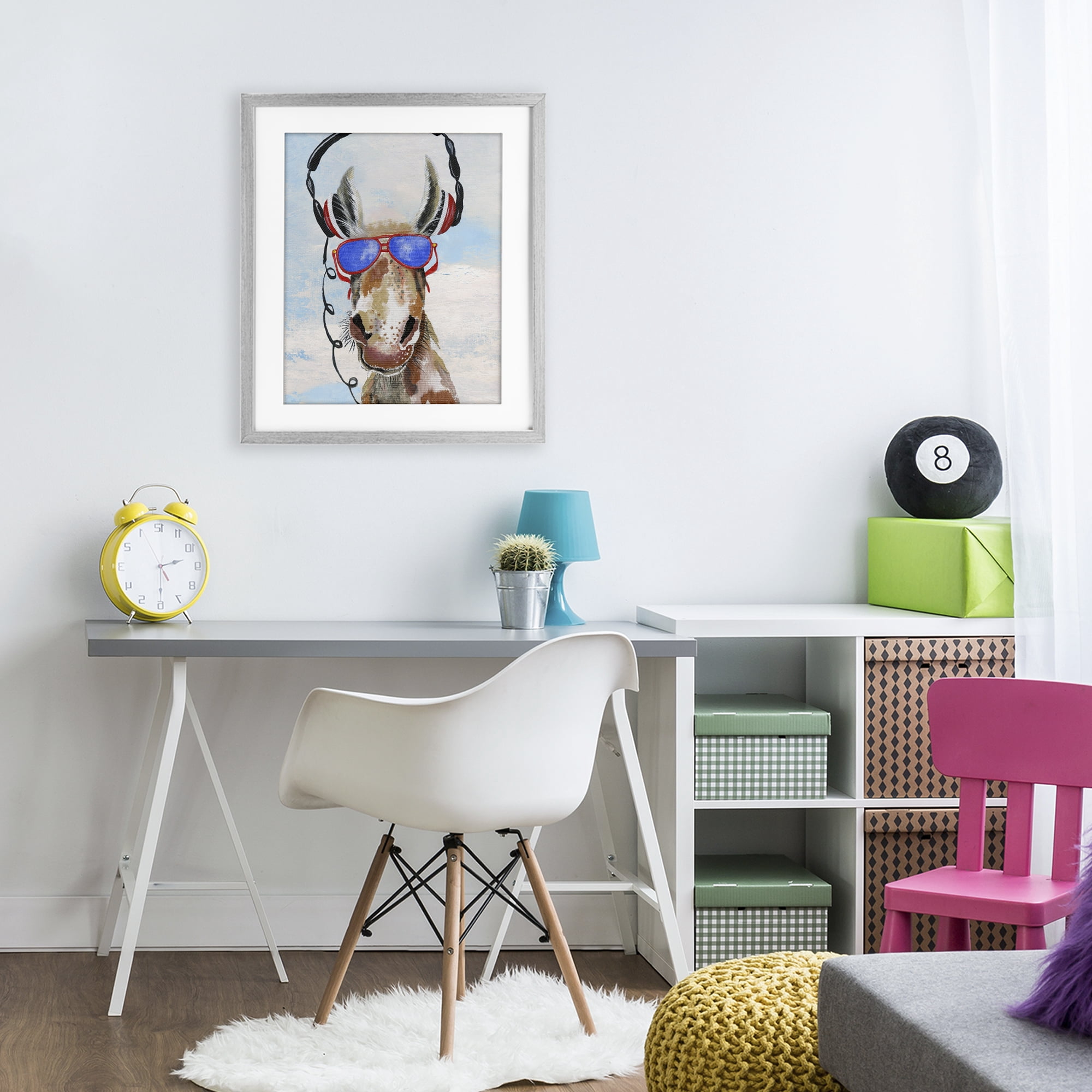 Stupell Industries Donkey Wearing Headphones Gray Framed Print Under Glass, design by Janet Tava
