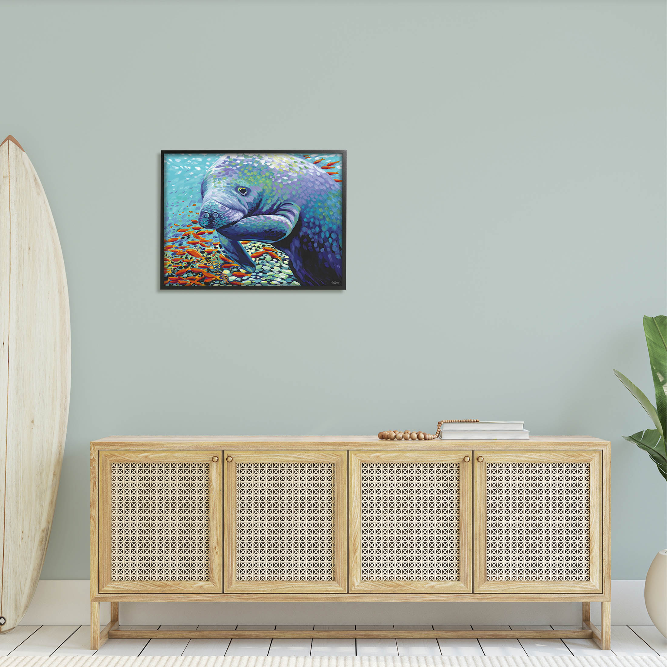 Stupell Industries Underwater Manatee Impressionist Painting Black Framed Art Print Wall Art, Design by Carolee Vitaletti