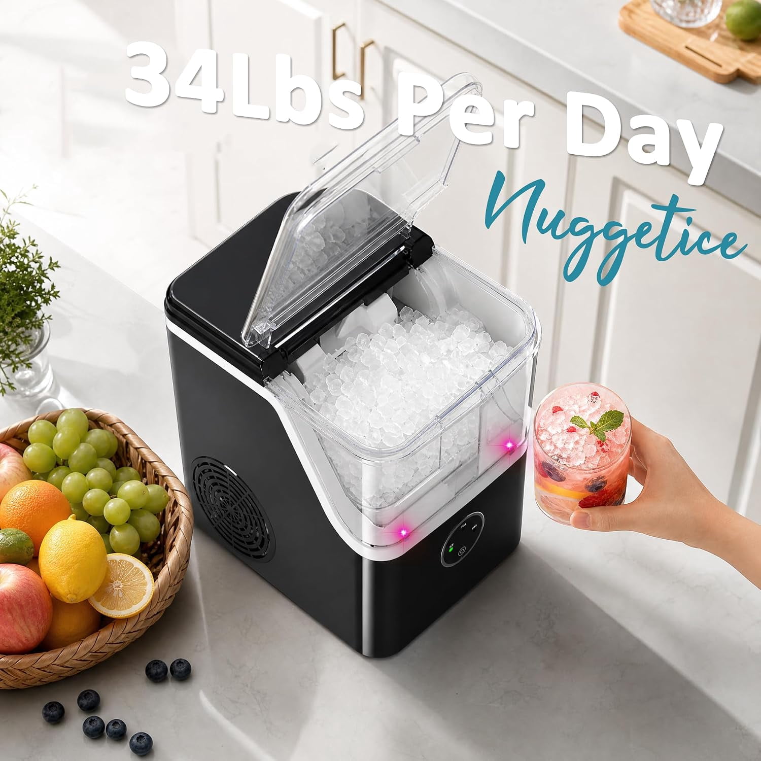Countertop Nugget Ice Maker Machine 41.89lbs/Day, Soft Chewable Pellet Ice Ready in 6-13 Mins, One Touch Auto Self Clean for Home Kitchen Party Bar