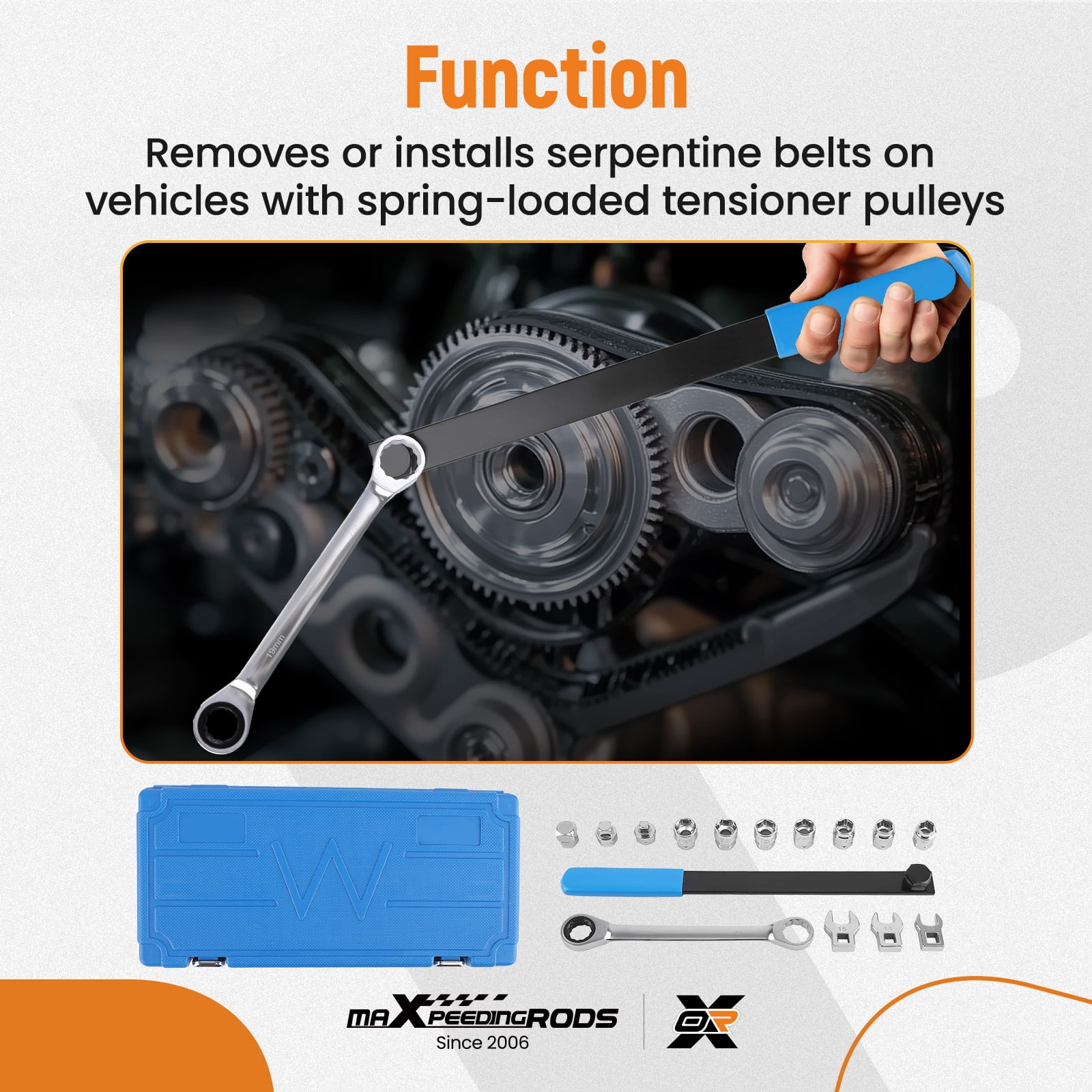 maXpeedingrods 15 PCS Ratcheting Serpentine Belt Tool Set, Serpentine Belt Tensioner Removal Installation Tool with Reversible Ratcheting Wrench, Socket Adapters, 6-Point Sockets, Crowfoot Wrenches