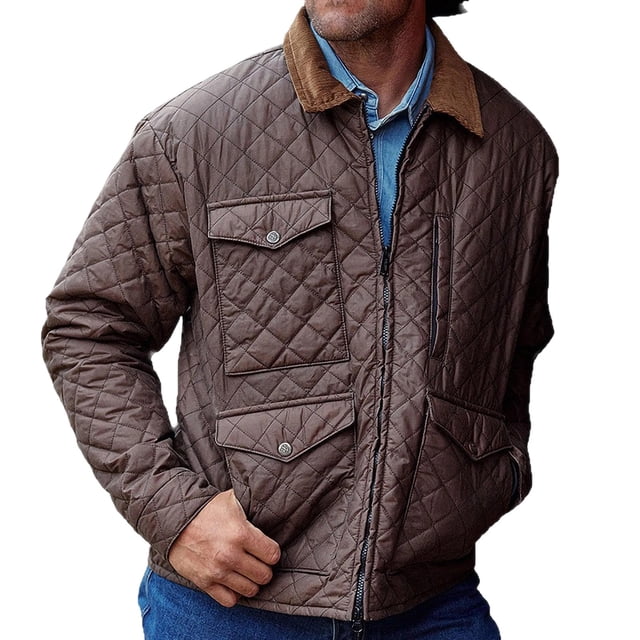 AnuYalue Men's Jacket Casual Fall Winter Quilted Coat Full Zip Long Sleeve Jackets Lapel Soild Color Outerwear with Pockets