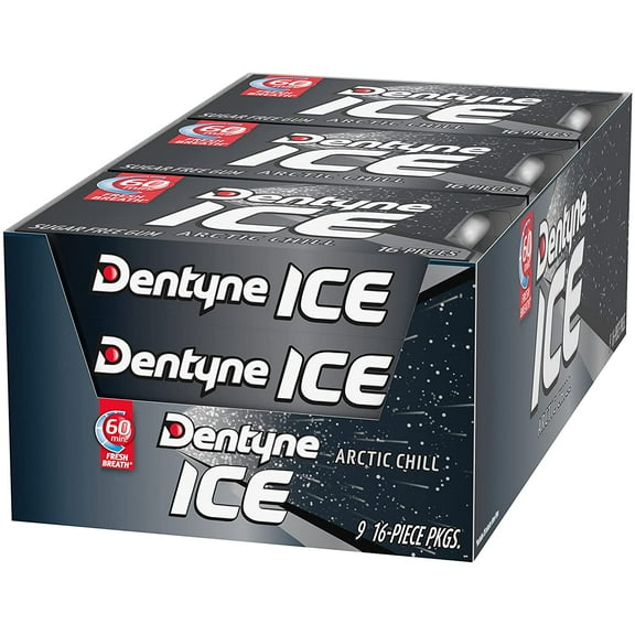 Dentyne Ice Arctic Chill Sugar Free Gum, 9 Count Box, 16 Pieces Per Pack (144 Pieces Total)