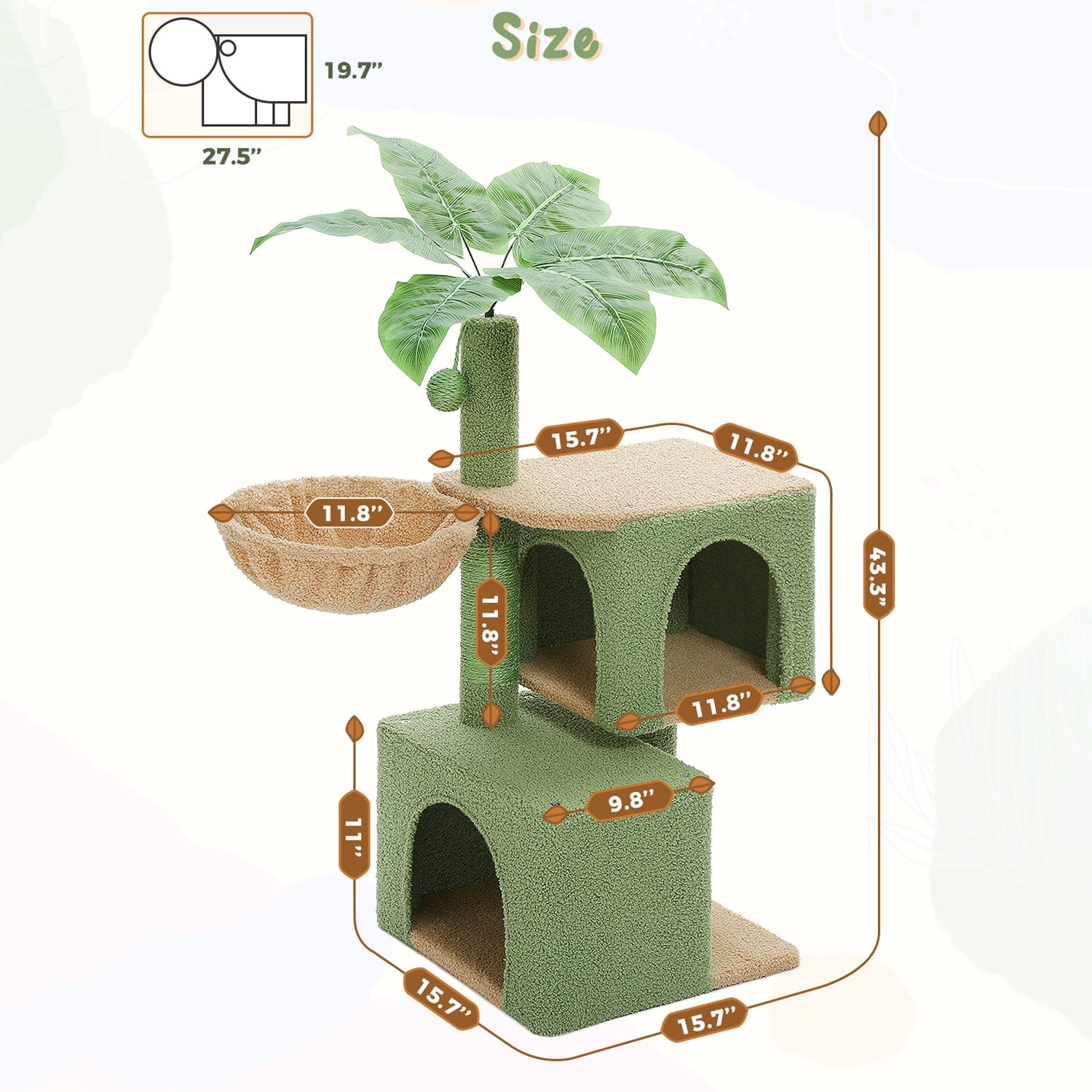 Pefilos 43" Cat Tree for Indoor Cats, Cat Tower Climbing Tree with Cat Scratching Posts, 2 Condos and Hammock, Activity Tree for Kittens, Green