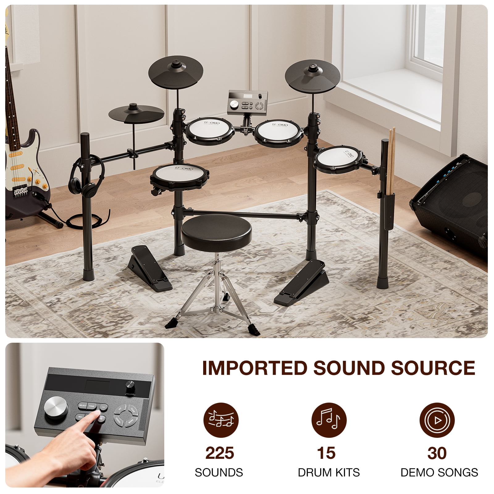 UMOMO UMD-771 Electric Drum Set, Electronic Drum Set With Mesh Electric Drum Pads, 225 Sounds, Drum Sticks, Headphones & Audio Cables, Stable Steel Frame, 15 Drum Kits, for Beginner, White & Black