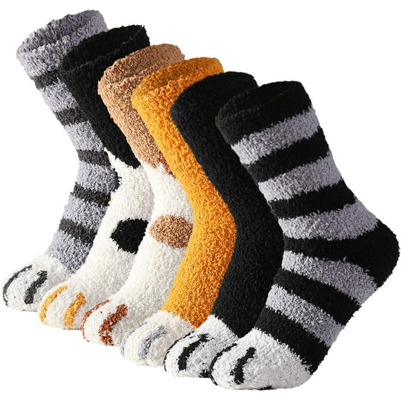 6 Pairs Cute Cat Paw Socks Women Winter Fuzzy Cozy Plush Slipper Socks