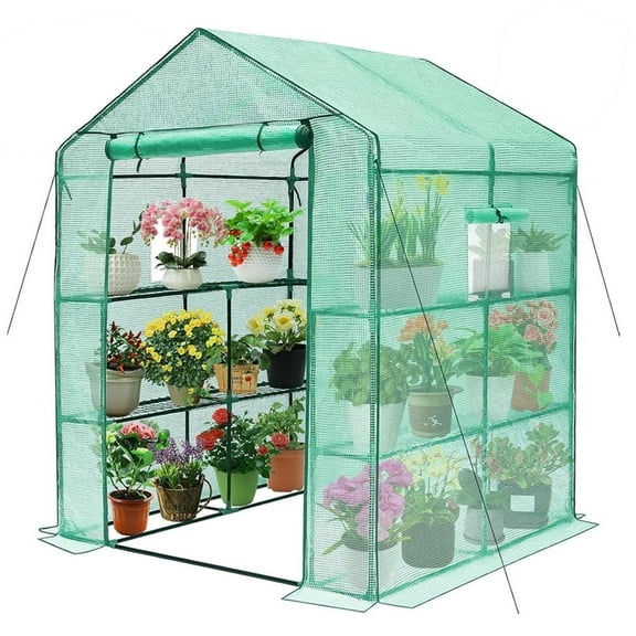 57 x 57 x 76" Walk-in Greenhouse - Durable Outdoor Kit with Thicken PE Cover & Window. Heavy Duty 3-Tier 8-Shelf Plant House for Backyard, Patio, Indoor. ESL Greenhouses