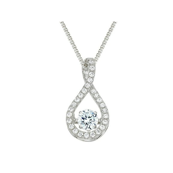 Twisted Pear Dancing Stone CZ Pendant with 0.8mm 22" Adj. Box Chain-Silver-Platinum Plated