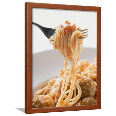 Spaghetti with Meatballs and Tomato Sauce on Fork Framed Print Wall