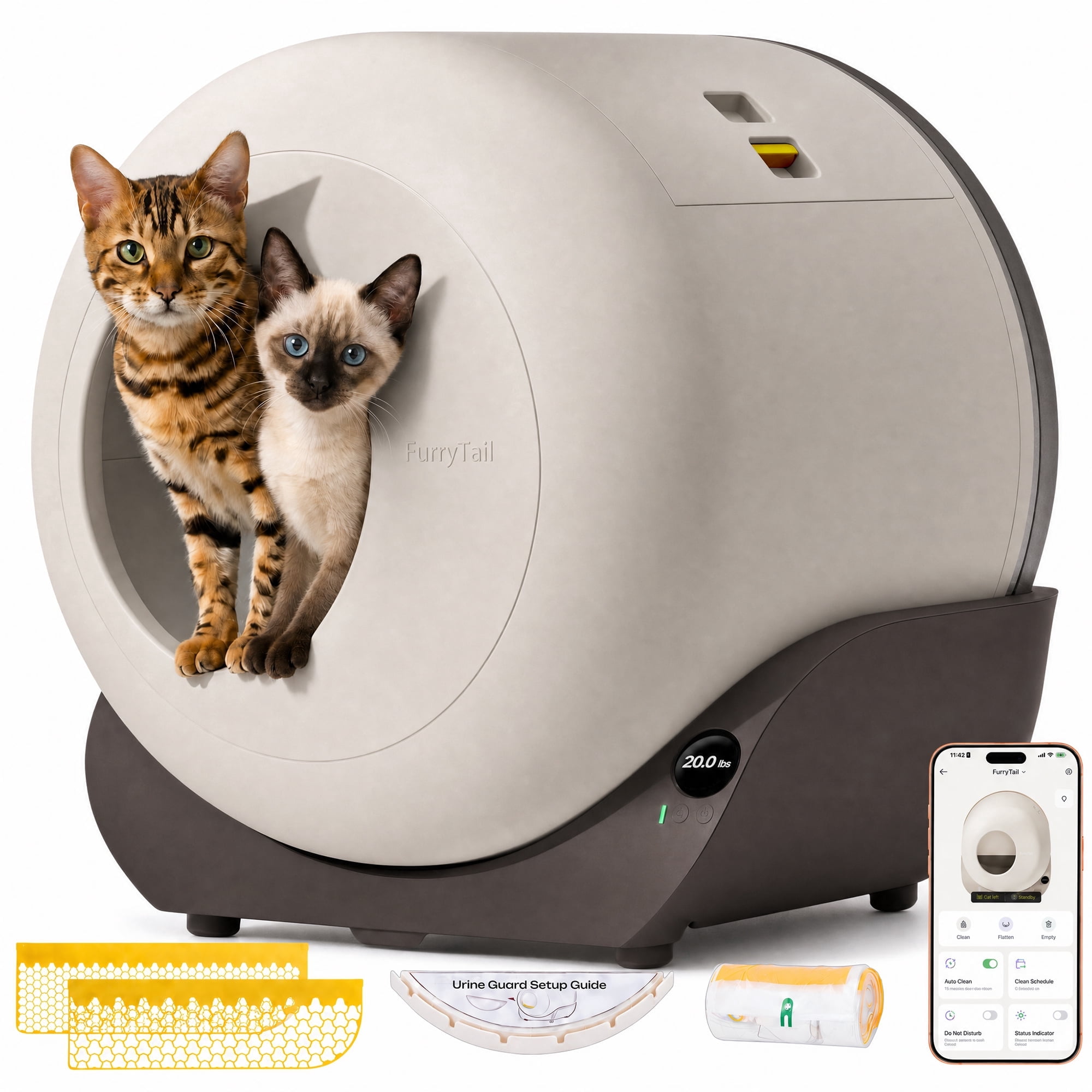 Furrytail Large Automatic Litter Box Self Cleaning for Multiple Cats with App Control Odor & Leak Free Gray