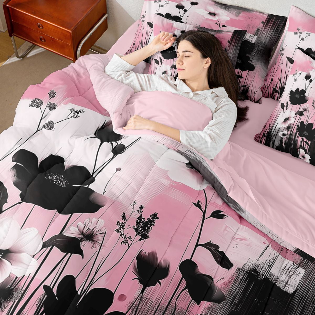 Homewish Black Pink Flowers 7-Piece Twin Bedding Sets For Teens Boys Girls,Abstract Watercolor Artwork Bedding Comforter Set,Retro Vintage Breathable Sheet Sets,Luxury Bedroom Decor,Reversible