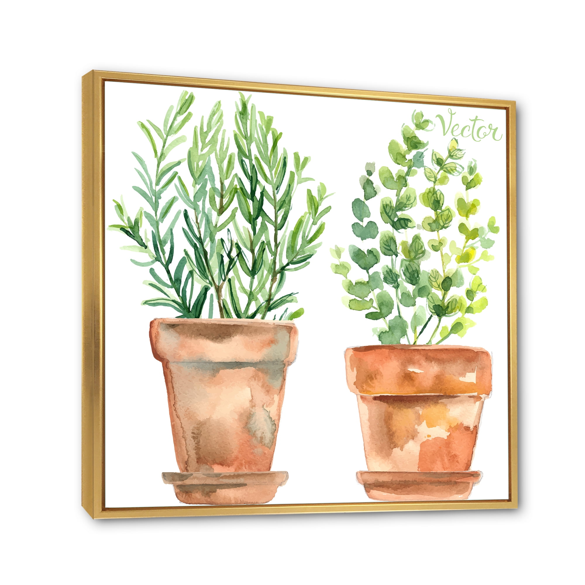 Designart 'Two Green House Plants In Orange Cly Pots' Traditional Framed Canvas Wall Art Print