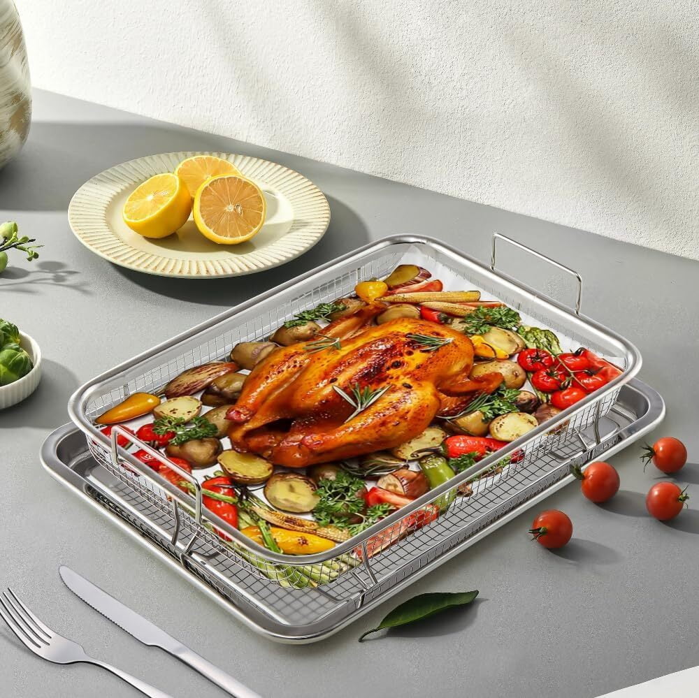 Air Fryer Basket, Air Fryer Tray for Oven, 11"x11" Copper Non-Stick Air Fryer Basket for Oven with Mesh Crisping Grill Basket Tray Bakeware Air Fryer Accessories (2pcs)
