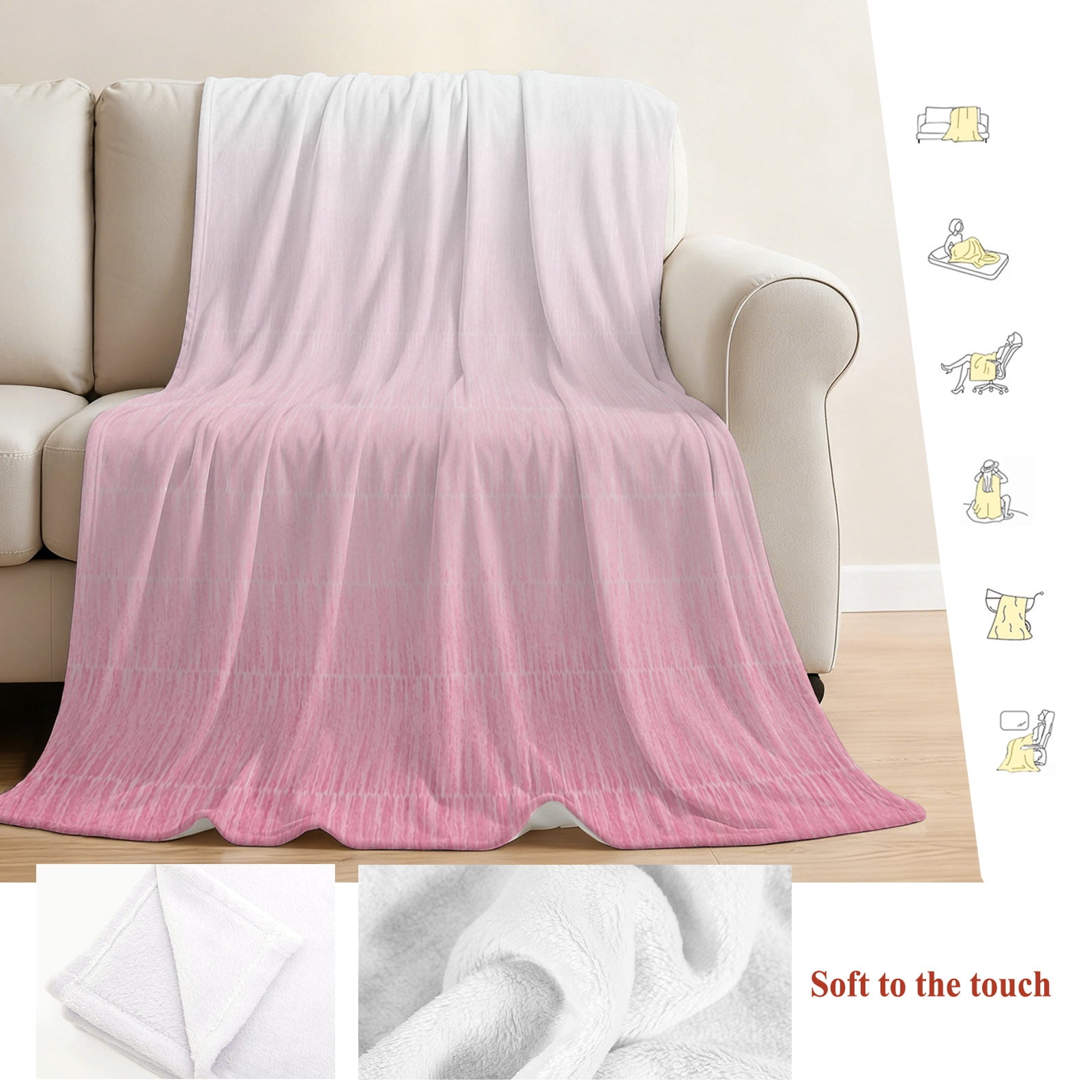 Gradient Pink Fleece Throw Blanket Lightweight Modern Minimalist Contemporary Ombre Pink Stripes Fuzzy Flannel Throws Super Soft Cozy Flannel Blanket for Couch, Sofa, Bed, Travel 50"x60"