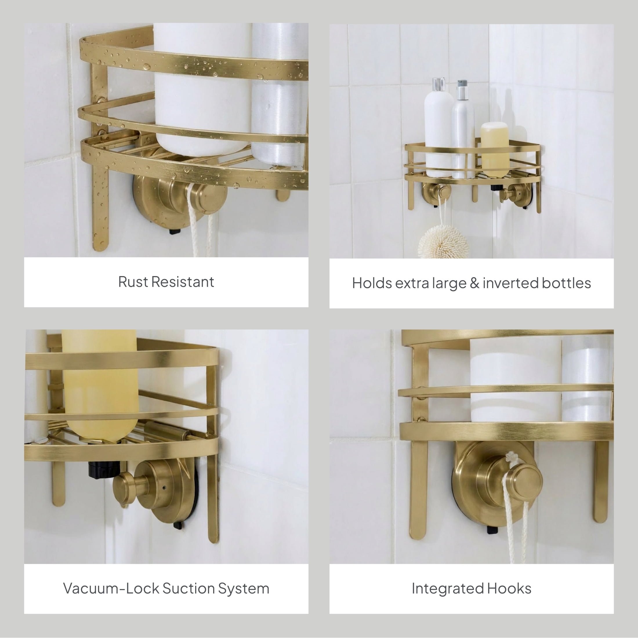 Better Homes & Gardens StyleGrip™ Corner Suction Mount Shower Caddy with Hooks, Brass
