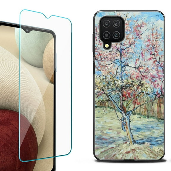 Slim-Fit Flexible TPU Gel Phone Case (black) for Samsung Galaxy A12, with Tempered Glass Screen Protector, by OneToughShield ® - Blossom Tree