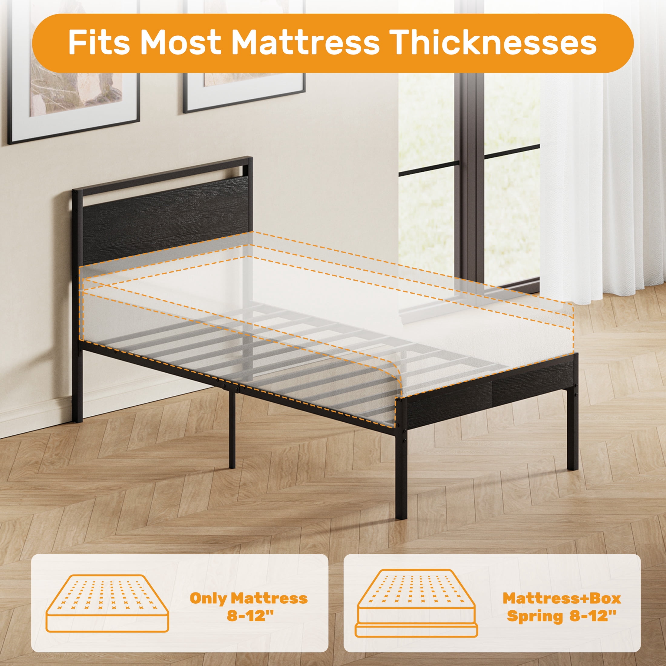 Gianna Heavy Duty Twin Size Metal Platform Bed, No Box Spring Required with Headboard and Footboard, Mattress Foundation, Black