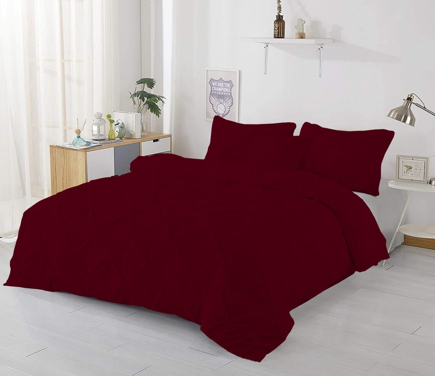 3 Piece Pinch Pleated Duvet Cover Set 100% Cotton 1000 TC with Zipper Closure & Corner Ties Pintuck Bedding Duvet Cover - King/California King Size (94" x 104") Inch, Burgundy Solid