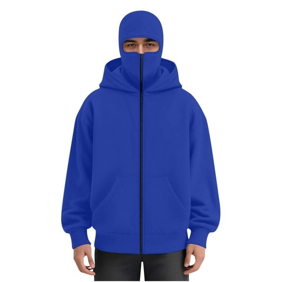 Mrmaere Men's Full-Coverage Hooded Zip-Up Jacket Face-Concealing Warm Casual Outerwear for Outdoor & Daily Wear Blue L