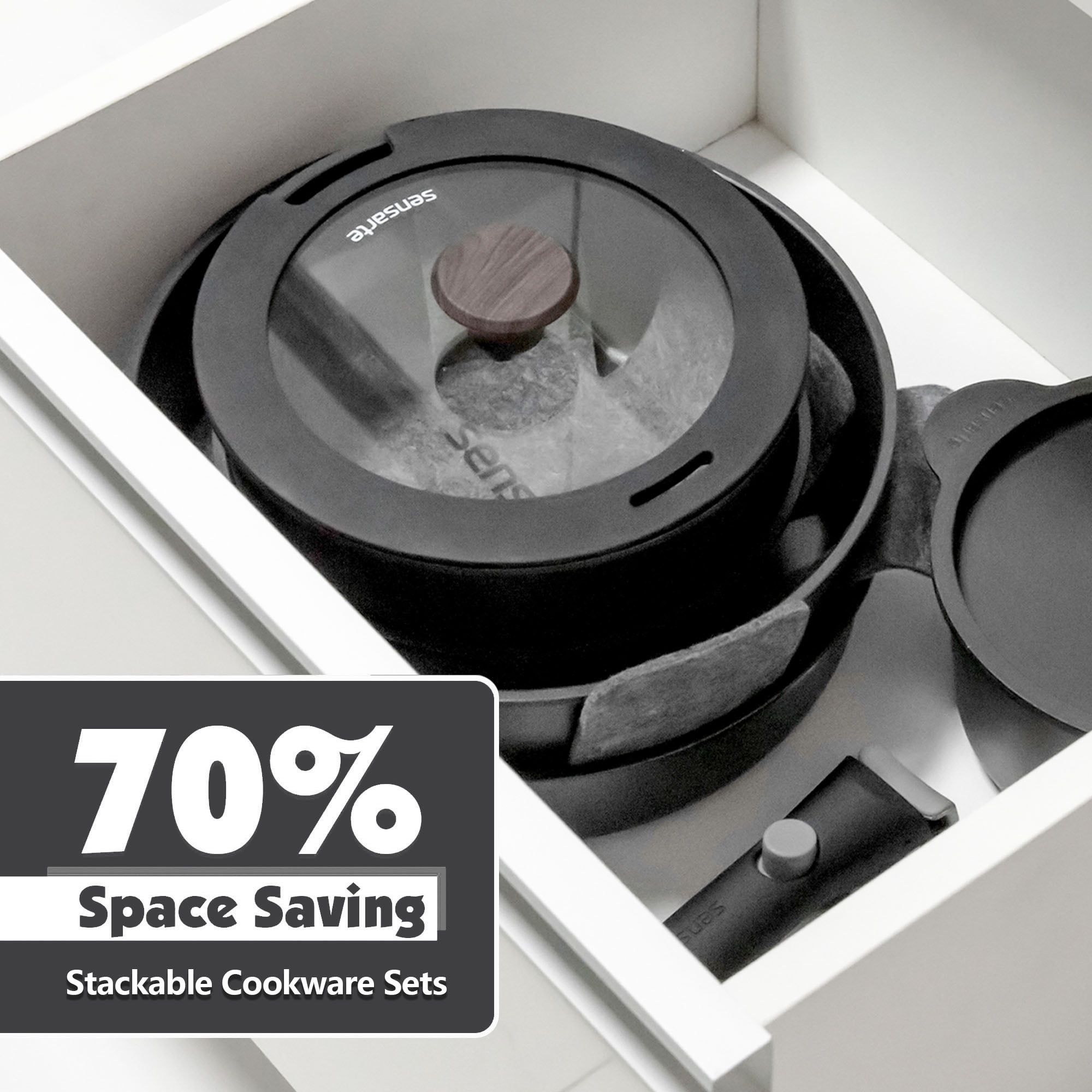 SENSARTE 18-Piece Cookware Set with Detachable Handle, Black Nonstick Pots and Pans Set, Induction Compatible, Dishwasher/Oven Safe, Healthy Cooking Set for RV & Camping