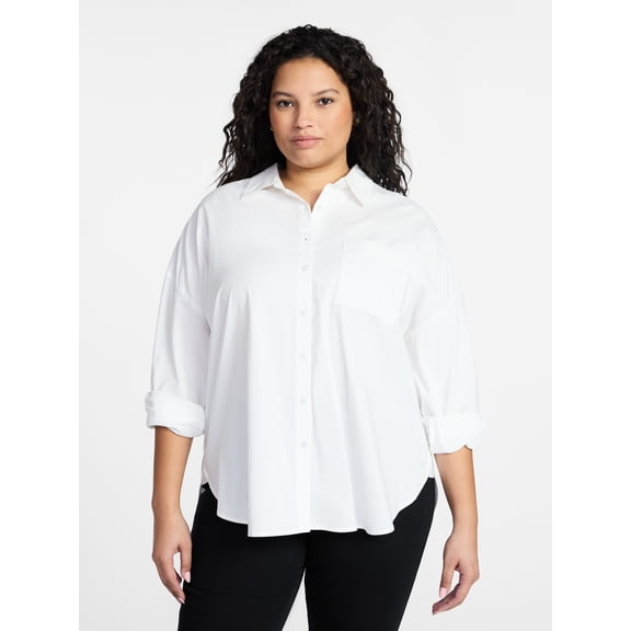 Terra & Sky Women's Plus Size Poplin Boyfriend Shirt, Sizes 0X-5X