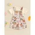 thumbnail image 5 of Aojekbee Toddler Girl Summer Outfit Solid Color Ribbed Short Sleeve Tops and Flower Print Suspender Shorts Overalls 2Pcs Clothes Set, 5 of 10
