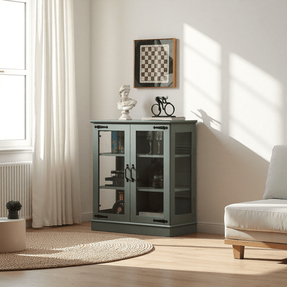 31.5'' Buffet Cabinet with Glass Doors for Nice Display, Small Coffee Bar Cabinet with 2 Adjustable Shelves, Modern Sideboard Buffet for Kitchen, Forest Green