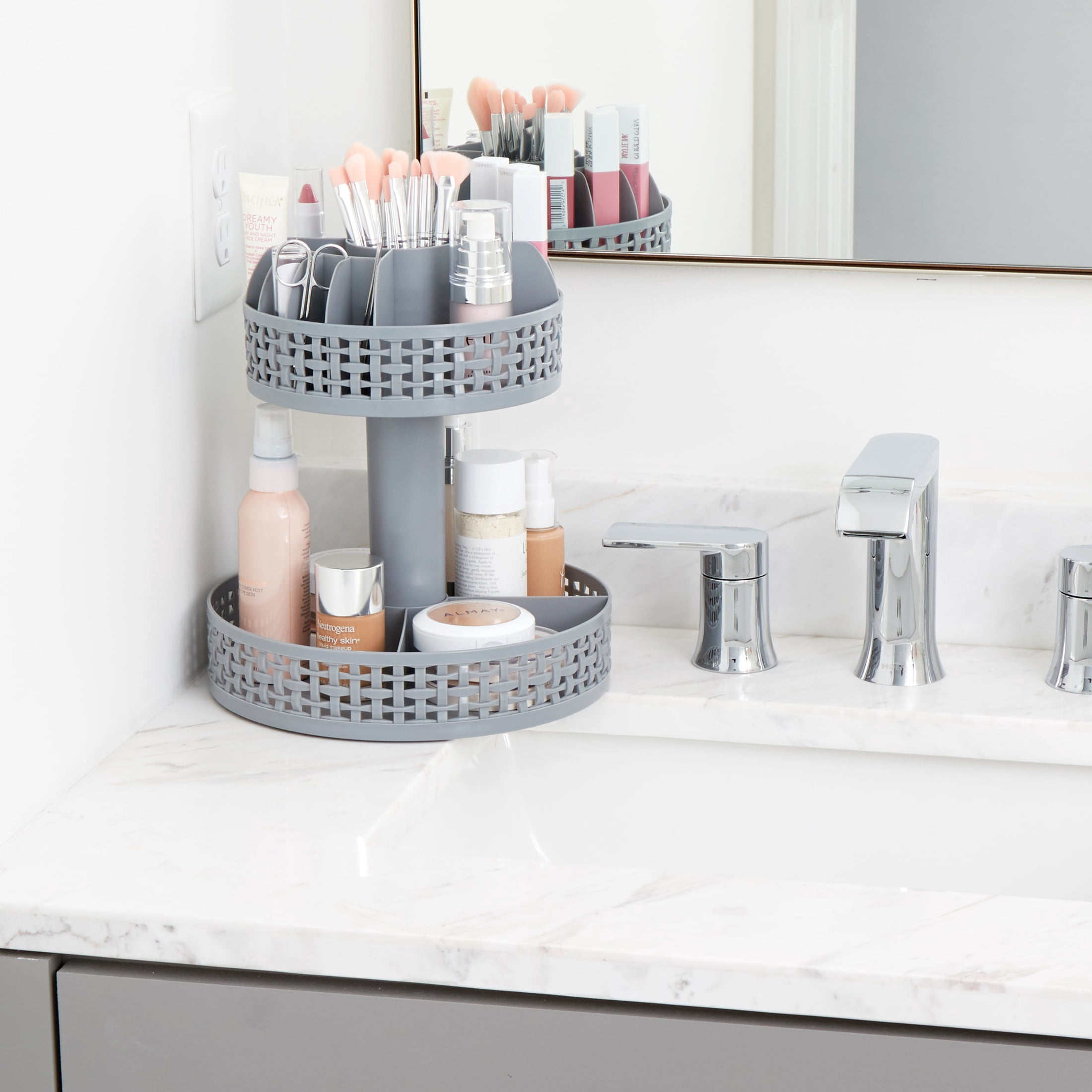 Thinkspace Beauty Brand Freestanding Rotating Beauty Organizer  with 17 Compartments to Hold Different Sized Items. Gray.