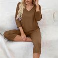 thumbnail image 2 of MGDXOX Pajama Set for Women 3/4 Sleeve V Neck Top with Capri Pants Pjs 2 Piece Loungewear Solid Color Soft Fall Sleepwear Brown S, 2 of 7