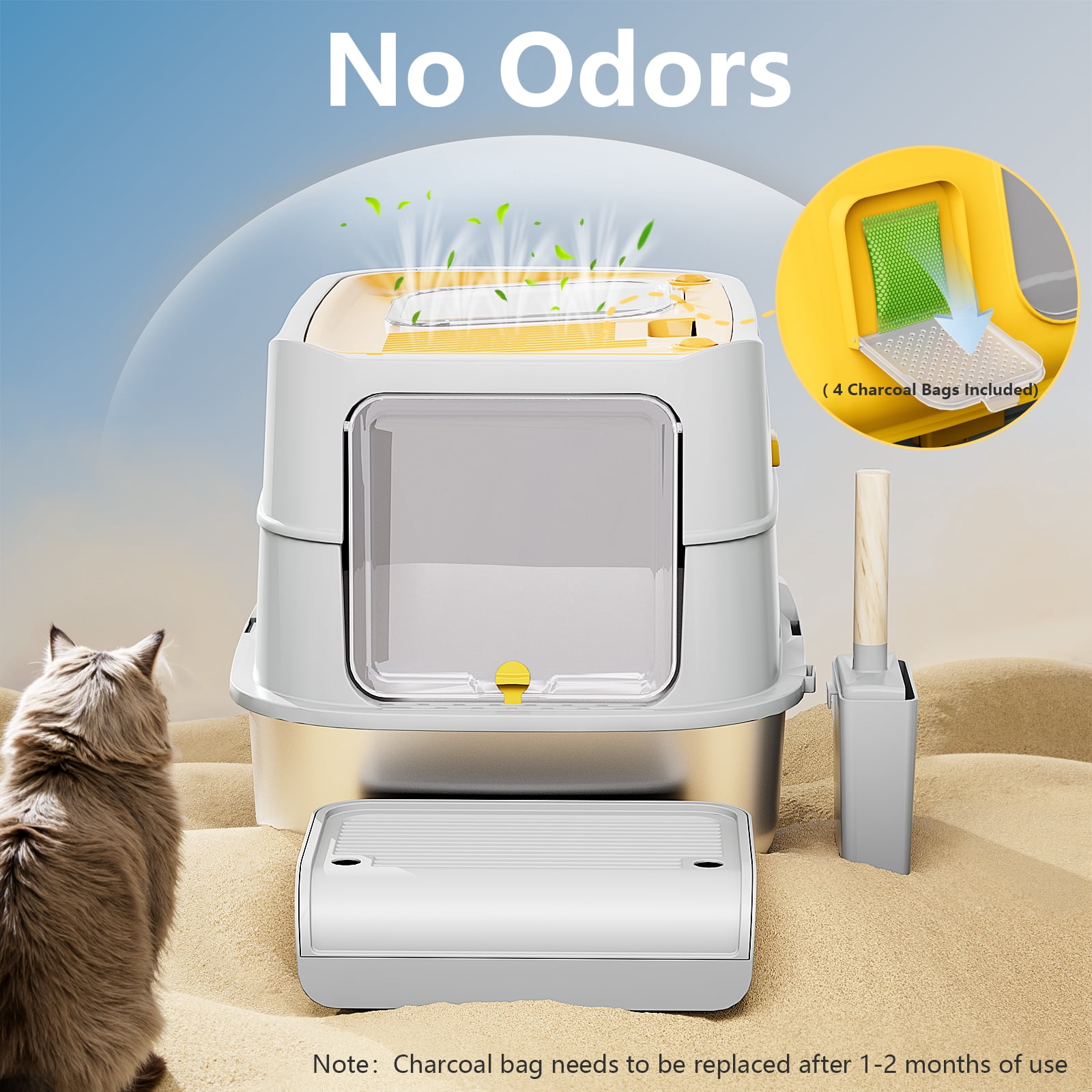 Extra Large Stainless Steel Litter Box with Lid & Scoop, Enclosed Metal Kitty Litter Box with Step, Front Entry Top Exit, Odor Control, Anti-Leakage, Non-Sticky, Easy Cleaning