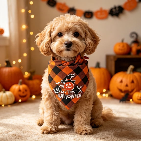 Halloween Dog Bandana, Reflective Plaid Pumpkin Ghost Scarf for Holiday Pet and Party Decor