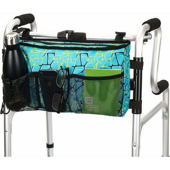 Walker Bag - Water Resistant Pouch Basket with 6 Pockets for Rollator and Folding Walker, Wheelchairs,Bariatric Walkers (Colorful Blue)