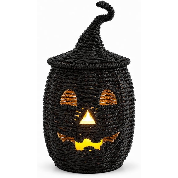 Guvpev Halloween Pumpkin Lantern Decor, 12" Handwoven Wicker Jack-O’-Lantern with LED Candle, Lighted Woven Seagrass Pumpkin Basket for Porch, Tabletop, Fireplace, Indoor Outdoor Festive Parties