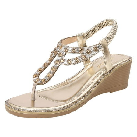 

Summer Bohemian Rhinestone Sandals Ethnic Style Flip Flops Thick Soled Wedge Beach Shoes