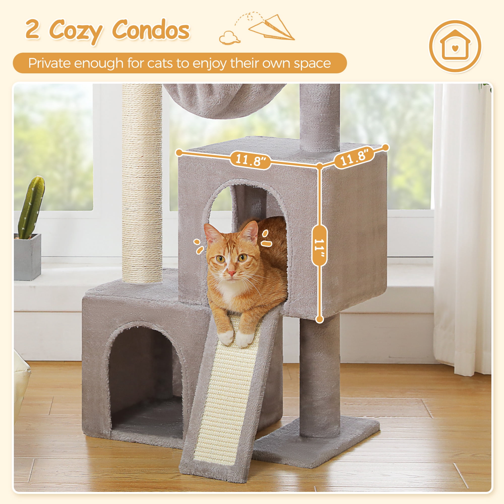 PAWZ Road 41" Cat Tree Condo with Hamock, Cat Scratcing Post Tower Ramp for Indoor Cats, Gray