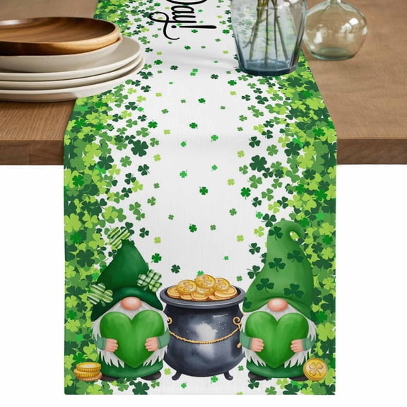 St. Patrick's Day Table Runner 36 Inches, Green Gnomes Spring Lucky Shamrocks Bed Runner Dresser Scarves Tabletop for Indoor Outdoor Parties/Ceremony/Banquet, 13"x 36"