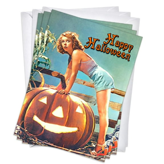Pin Up Girl on Jack-o-Lantern Vintage Retro Halloween Greeting Cards | 3 Pack Set (5x7)