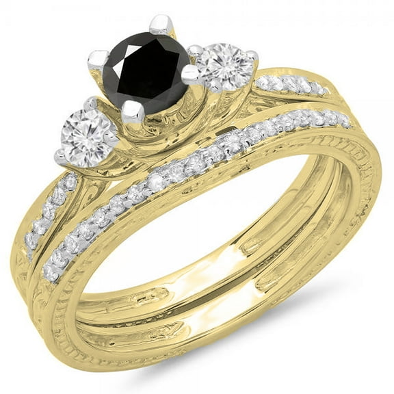 Dazzlingrock Collection 1.00 Carat (ctw) 14K Round Black & White Diamond 3 Stone Engagement Ring Set 1 CT, Yellow Gold, Size 9