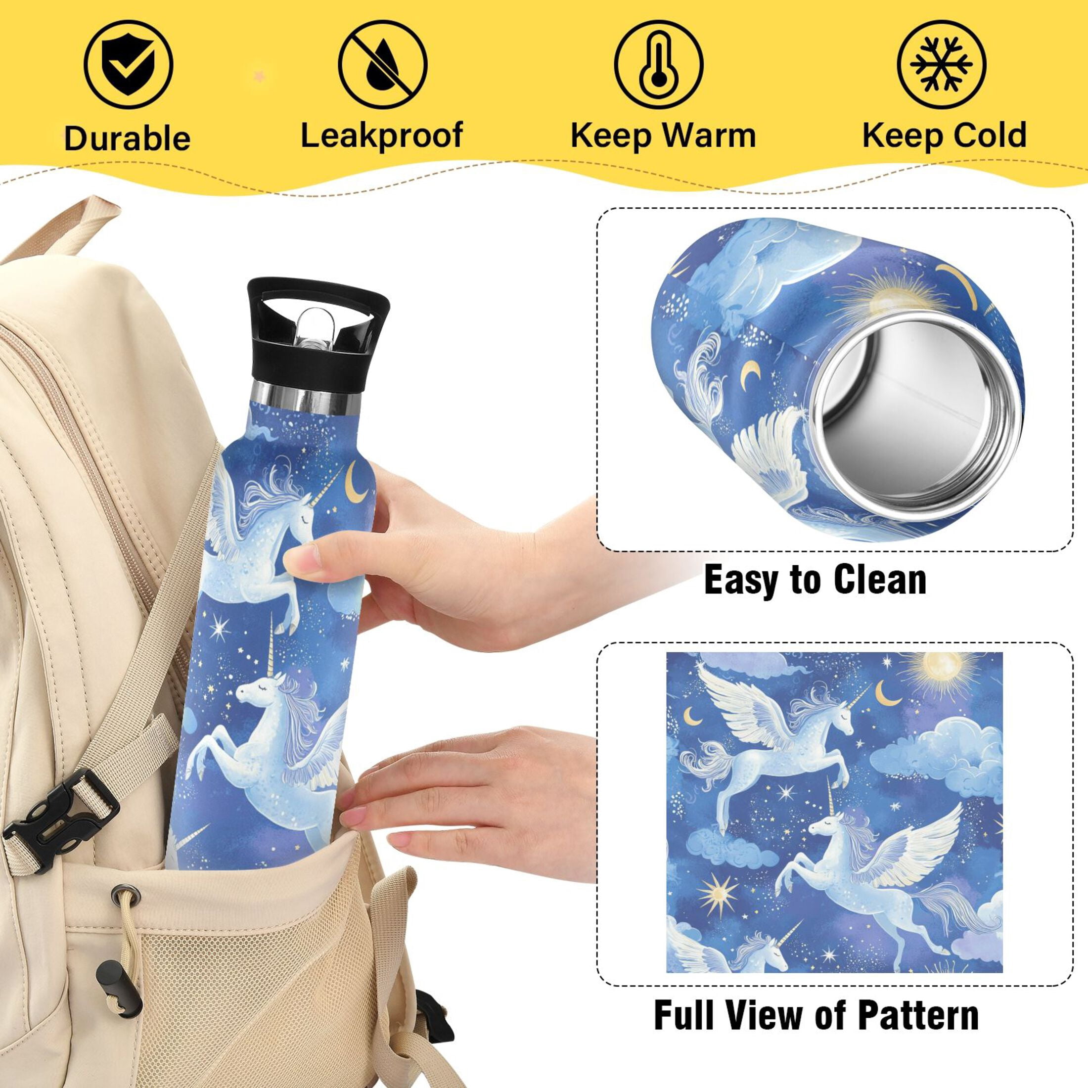 Kids Insulated Stainless Steel Sports Water Bottle 600ml (20oz) Enchanting Unicorn Pattern