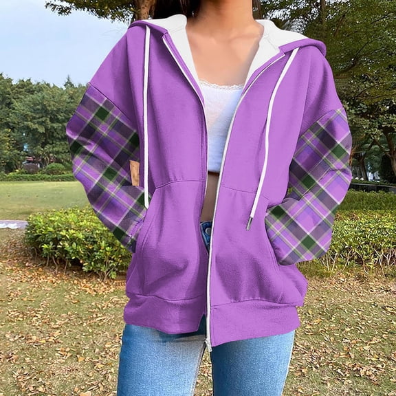Uootdi Plus Size Zip Up Gift Y2k Hoodies for Women Plaid Color Block Long Sleeve Sweatshirts Fall Casual Lightweight Comfort Soft