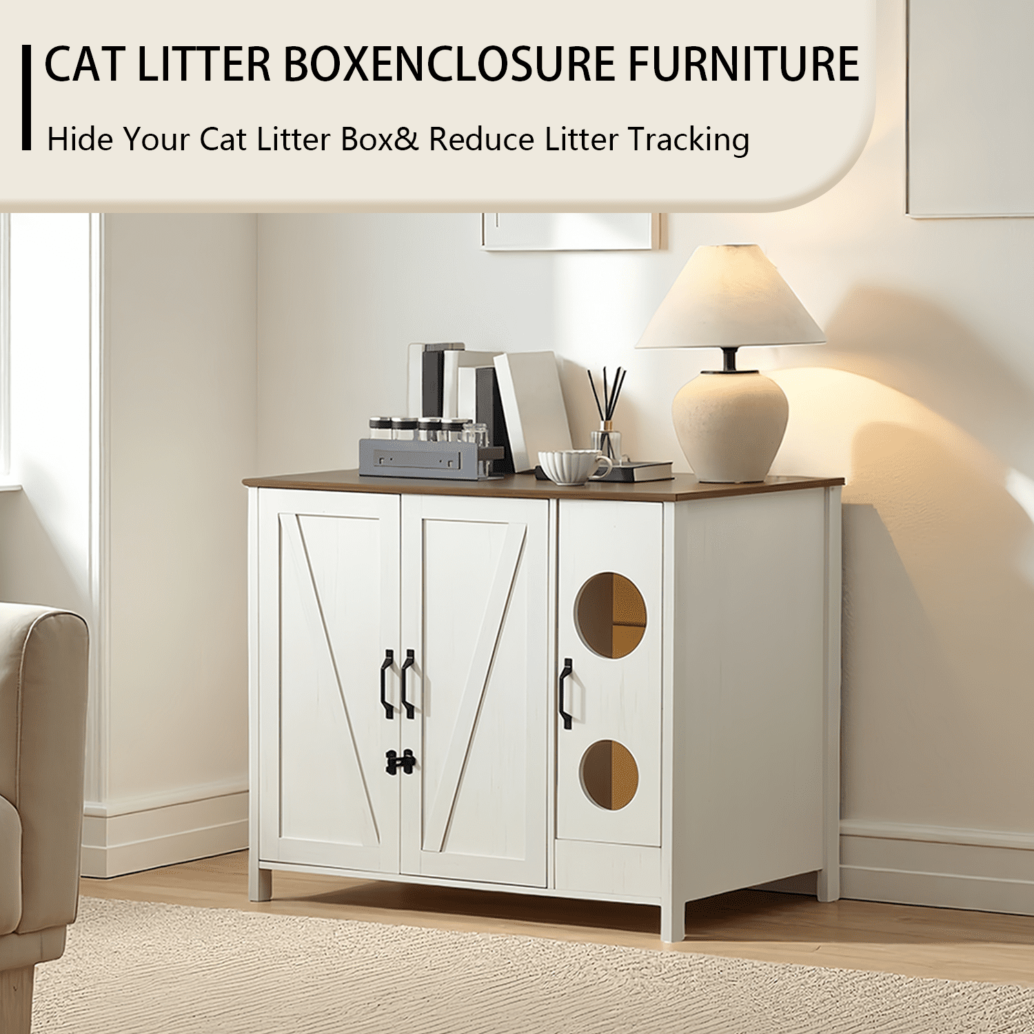 Litter Enclosure with Cat-Exclusive Dog-Proof Entrance, Litter Cabinet with Power Outlet and Litter Collector, for Placing Cat Robot 3/4,Antique White