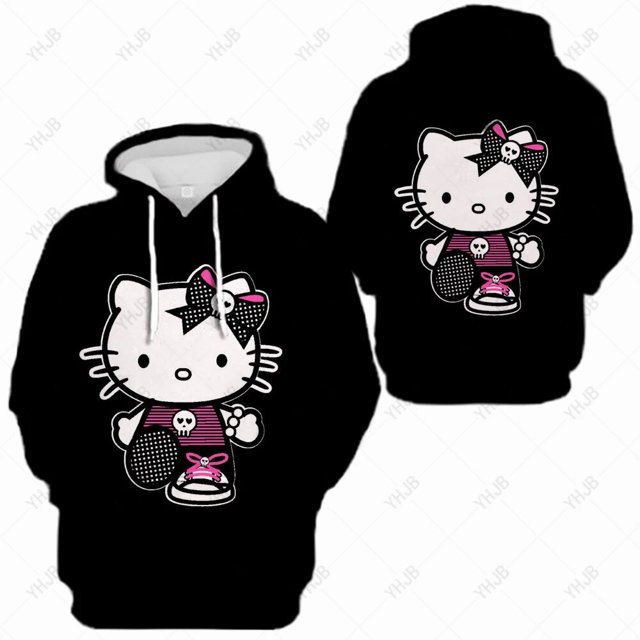 Automne Y2k Chandail à Capuche Femme Jeune Dame Imprimé Hello Kitty Imprimé Chandail à Capuchon Oversize Esthétique Hoody Chandail Hauts HOEMLIN