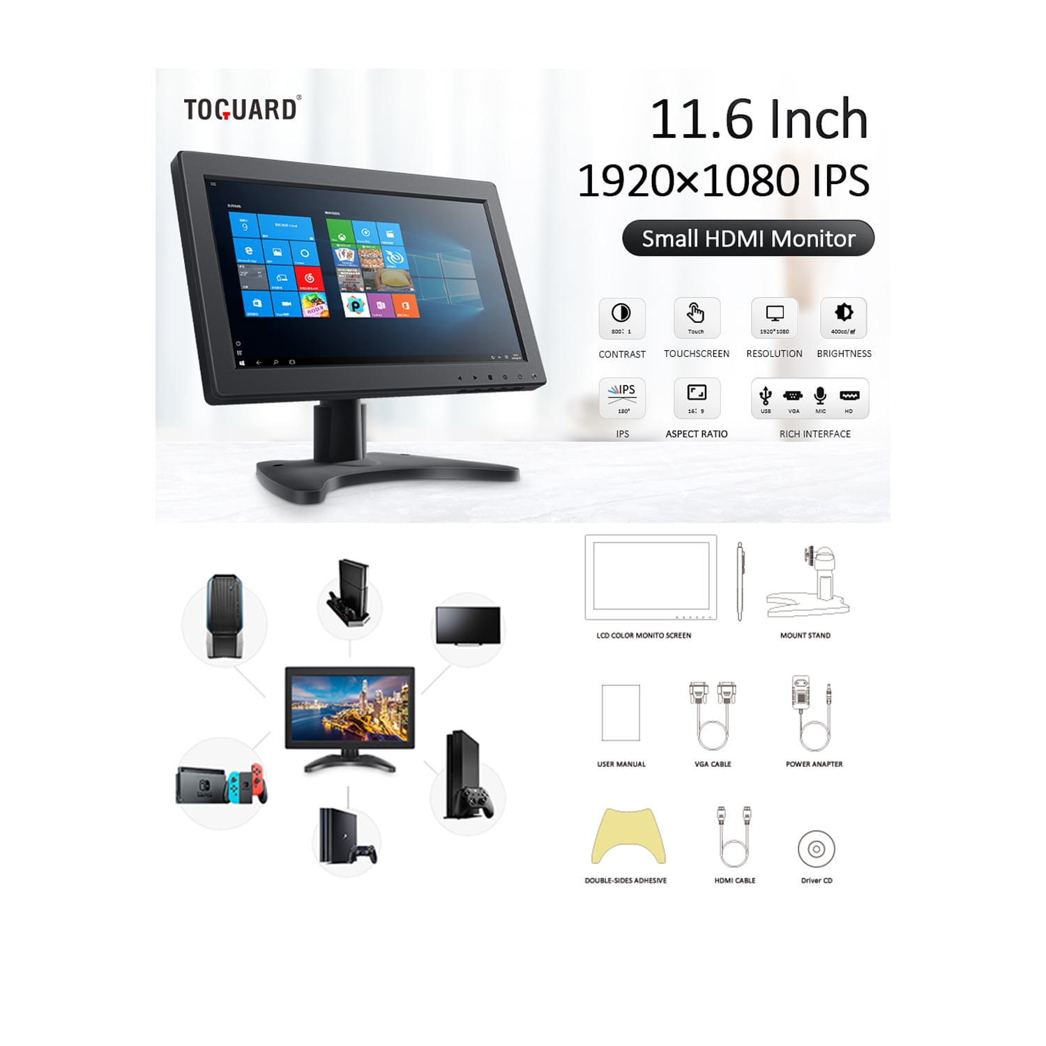 TOGUARD Small HDMI Monitor 12 Inch 1920x1080 IPS HD Touchscreen Monitor HDMI Computer Display Screen with HDMI/VGA/USB Output for Gaming CCTV Camera Raspberry Pi 